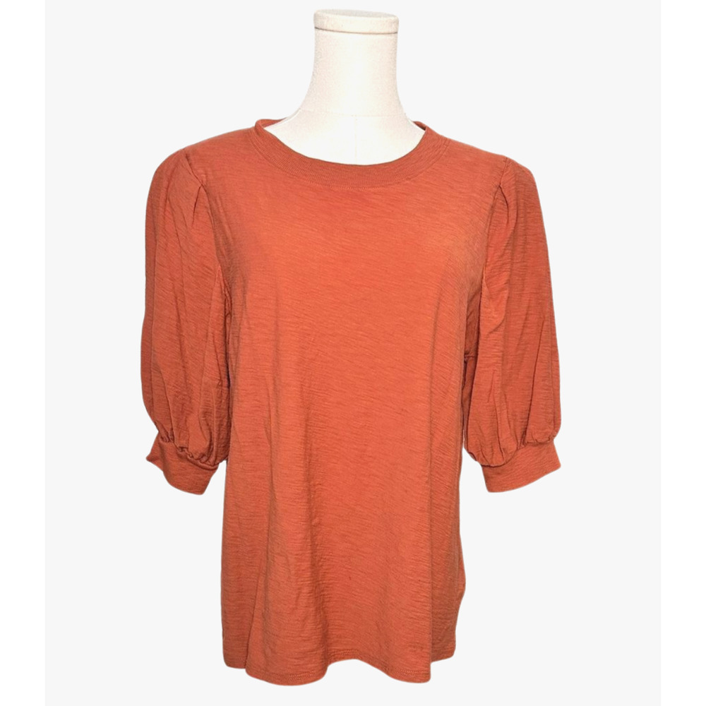 Nation LTD Rimma Rust Brown Exaggerated Puff 3/4 Sleeve Crew Neck Top Large